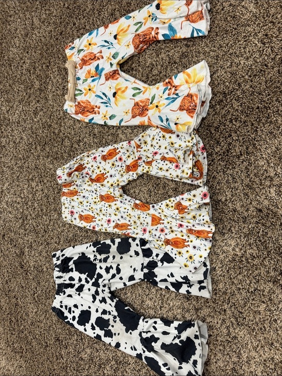 None Other - Set of 3 Toddler Flared Leggings - Floral, Cow Print, Orange Fox